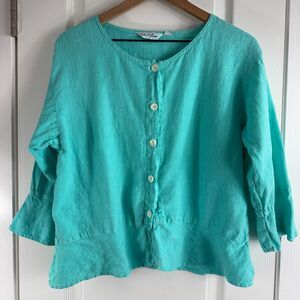 Liz and Jane Women's Turquoise Blue 100% Linen Button Front Top Size M